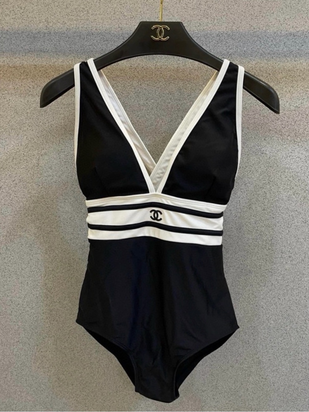 CHANEL Black and White Logo-Band One-Piece Swimsuit